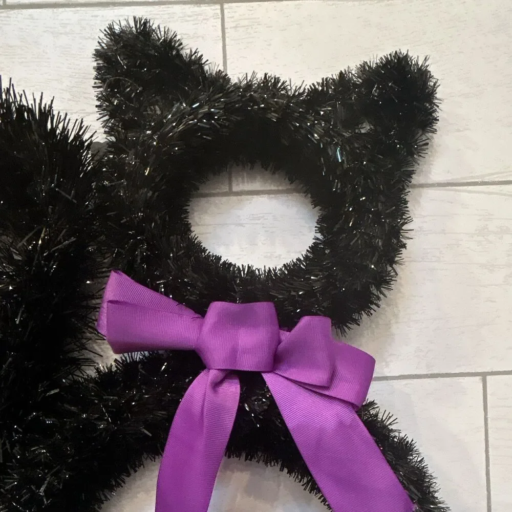 Ashland Artificial Halloween Black Tinsel Cat Wreath Purple Bow, 16 Inch